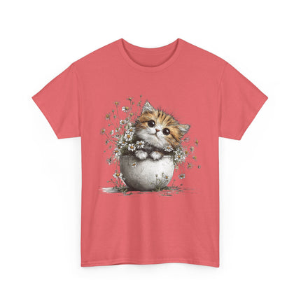 Whimsical Spring Cat #7 - Kitten Reaching for Butterfly Tee | Cute Cat Illustration Shirt