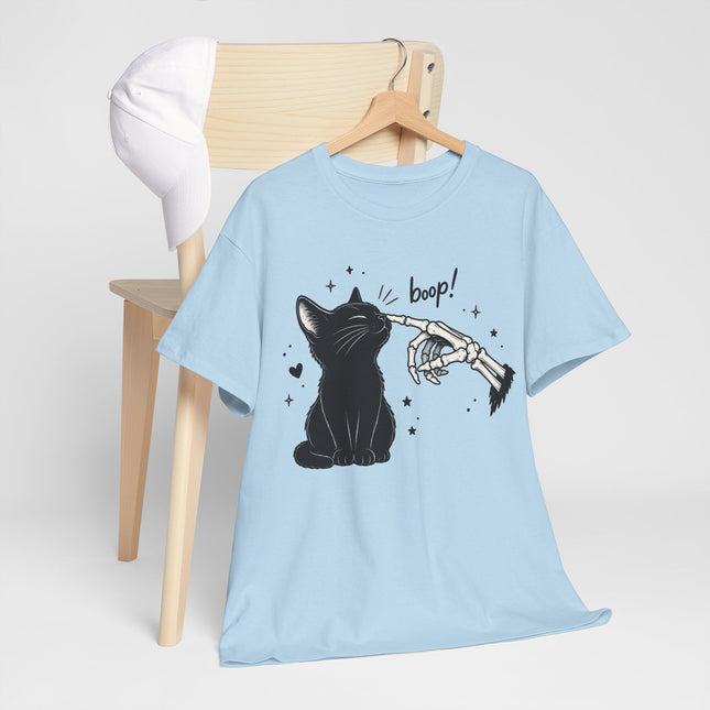 Cat Boop T‑Shirt — Black Cat & Skeleton Hand Boop Graphic Tee