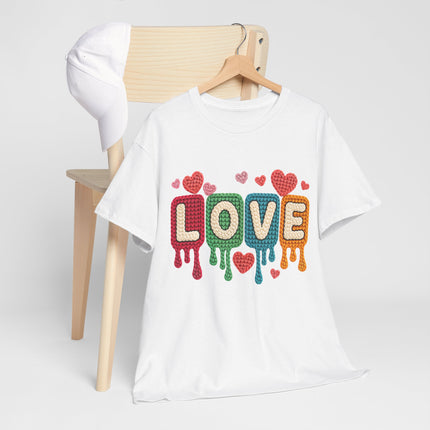 Faux Yarn "LOVE" Drip Graphic Tee — Colorful Retro Heart Design
