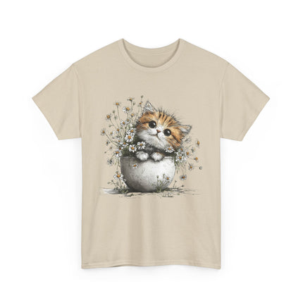 Whimsical Spring Cat #7 - Kitten Reaching for Butterfly Tee | Cute Cat Illustration Shirt