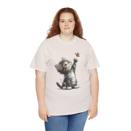 Whimsical Spring Cat #5 - Kitten Reaching for Butterfly Tee | Cute Cat Illustration Shirt