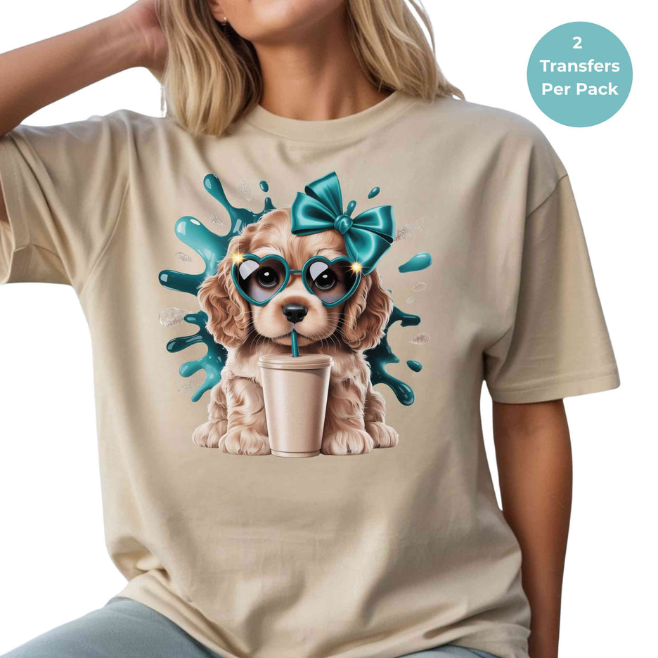 Teal Bow Heart-Shades Puppy Splash Clipart Eco Solvent Heat Transfer Ready to Press 2 Pack 11in x 11in (Transfers Only)