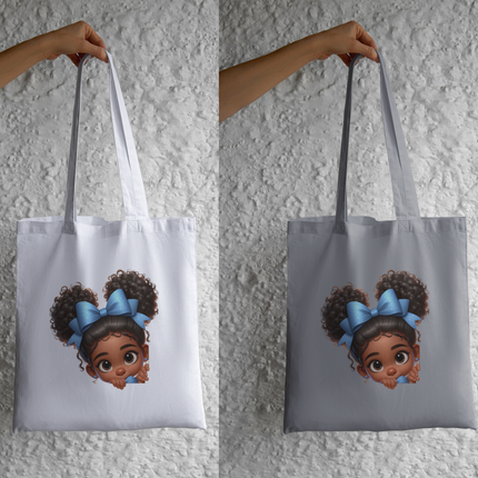 Peekaboo Girls #3 Heat Transfers on tote bags, featuring playful girl with curly hair and blue bow by Style Junction Custom Digital Designs