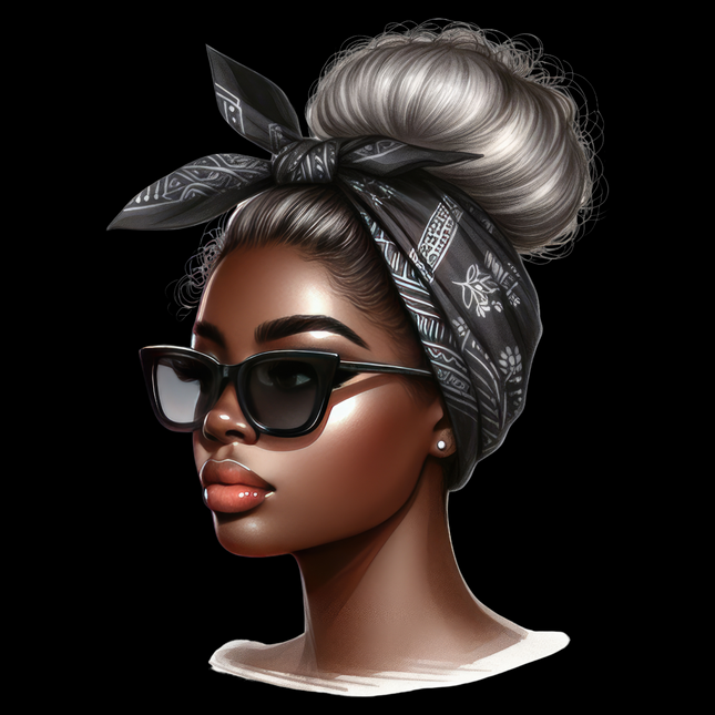 Afro Woman with Bandana #6 by Style Junction Custom Digital Designs, exclusive ready to press PNG, creative apparel graphic.