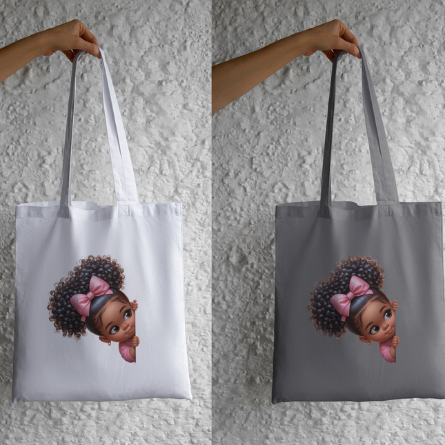 Peekaboo Girls #6 Heat Transfers by Style Junction Custom Digital Designs, featuring a playful girl with curly hair and pink bow.