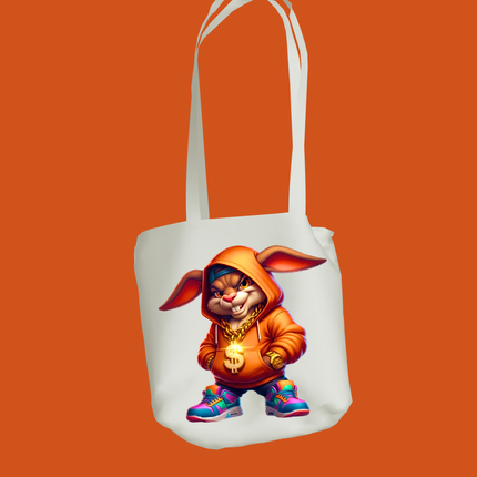 Cool Bunny in Orange #2 ready-to-press eco solvent heat transfer on a tote by Style Junction Custom Digital Designs.