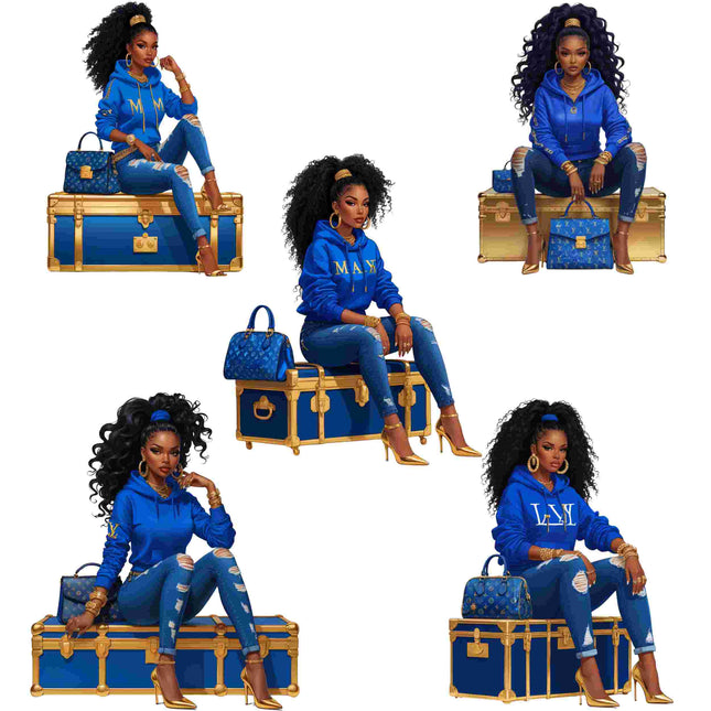 Afro Diva in Blue Luxe Hoodie – PNG Bundle of 5 Digital File Style Junction – Custom Digital Designs & Apparel