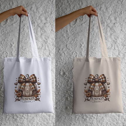Two tote bags in white and beige with a plaid pumpkin and bow design labeled Pumpkin Season fall decor