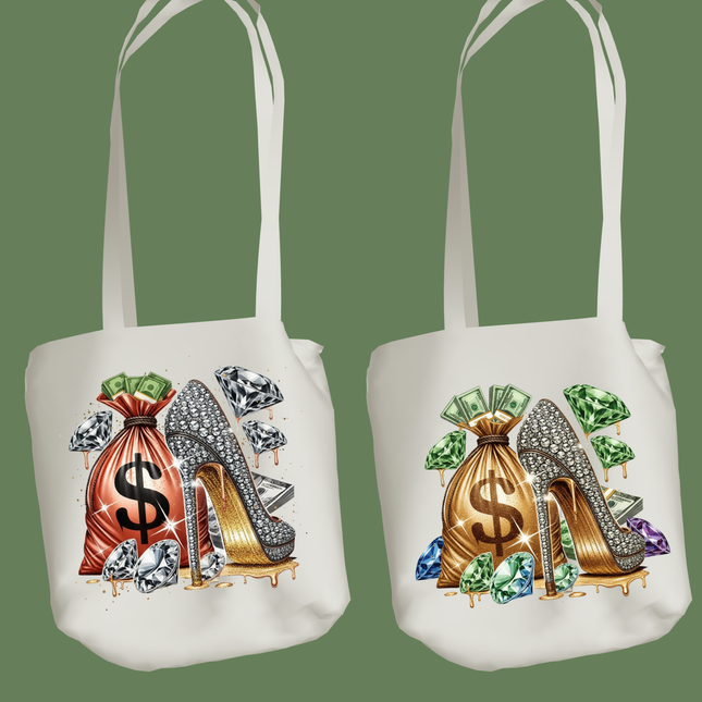 Glam Goals 2pc PNG Bundle by Style Junction Custom Digital Designs features diamond-studded heels and luxe money bags.