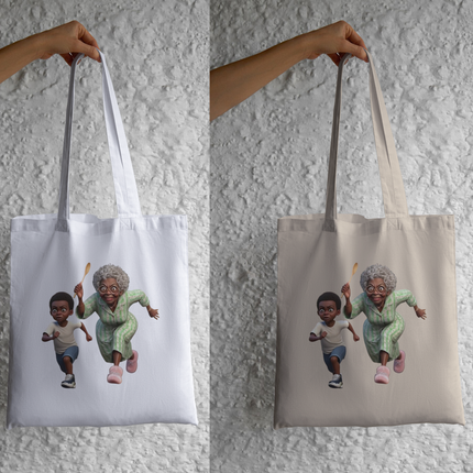 Funny Grandma Chasing Boy Cartoon Eco Solvent Heat Transfer by Style Junction Custom Digital Designs, creative and exclusive PNG design.