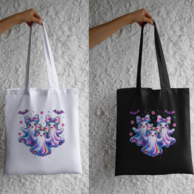 Cute Ghost Trio with Bows Halloween Eco Solvent Heat Transfers by Style Junction Custom Digital Designs, vibrant and ready to press.