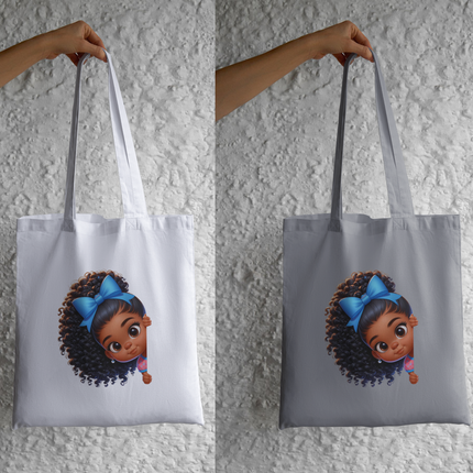 Peekaboo Girls #18 Heat Transfers by Style Junction Custom Digital Designs, playful girl with curls and blue bow ready to press on totes.