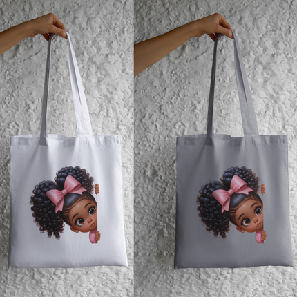 Peekaboo Girls #15 Heat Transfers by Style Junction Custom Digital Designs feature a playful girl with curly hair and pink bow.