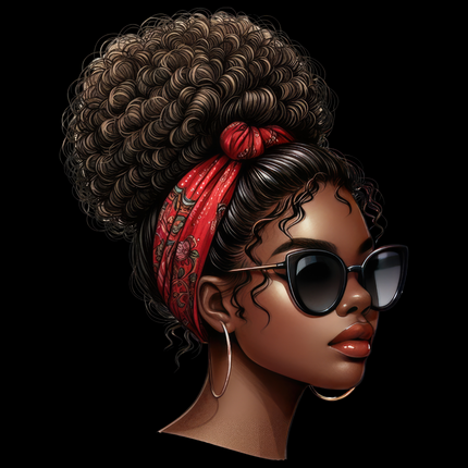 Afro Woman with Bandana Eco Solvent Heat Transfer by Style Junction Custom Digital Designs, exclusive vibrant ready to press PNG.