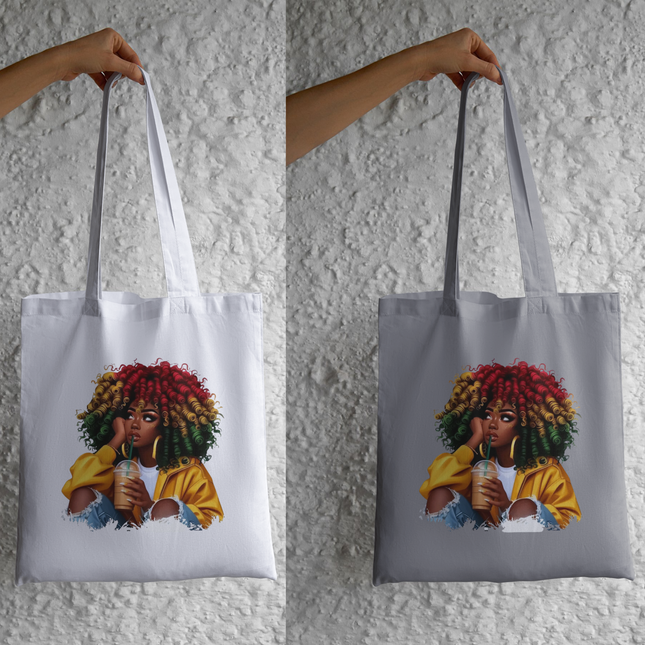 Colorful Afro Girl with Iced Coffee-Eco Solvent Heat Transfers & Ready to Press