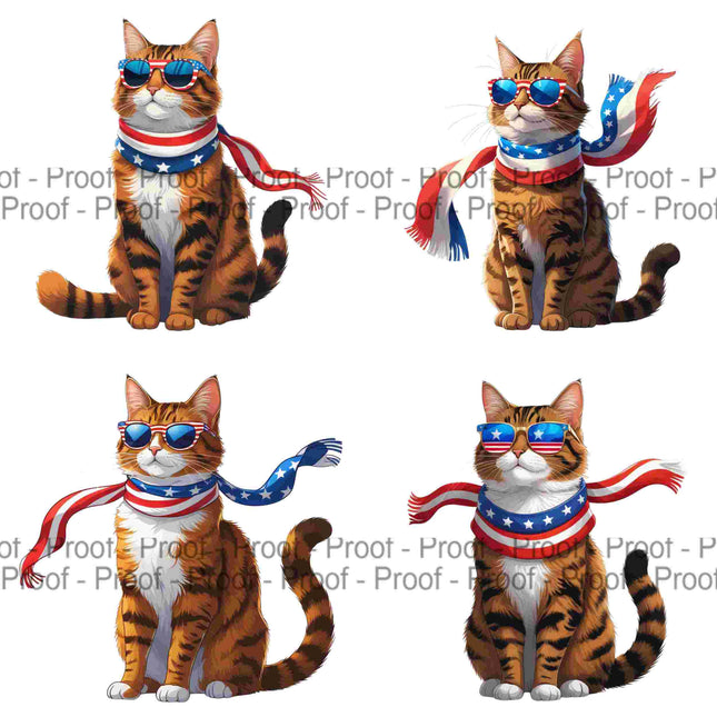 4 Patriotic Tabby Cat Sublimation PNGs – High-Res Clipart Digital File Style Junction – Custom Digital Designs & Apparel