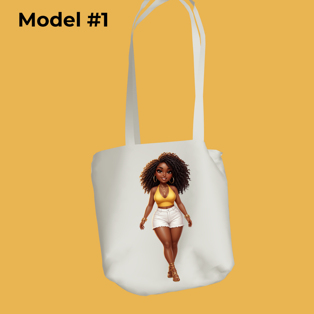 Curly Hair Summer Woman 2pc PNG Bundle by Style Junction Custom Digital Designs featuring exclusive brown skin beauty in yellow top and white shorts.