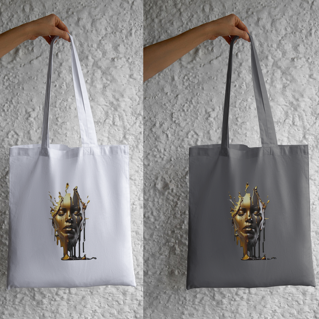 Gold Dripping Face Art Eco Solvent Heat Transfer on tote bags by Style Junction Custom Digital Designs, creative exclusive PNG design.