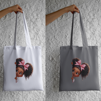 Peekaboo Girls #13 Heat Transfers on white and gray totes by Style Junction Custom Digital Designs, exclusive ready to press PNGs.