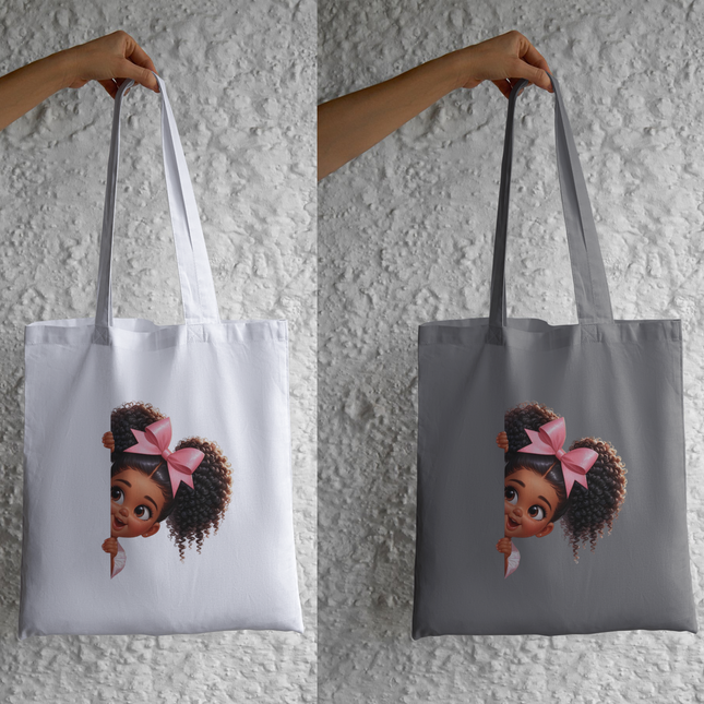 Peekaboo Girls #13 Heat Transfers on white and gray totes by Style Junction Custom Digital Designs, exclusive ready to press PNGs.