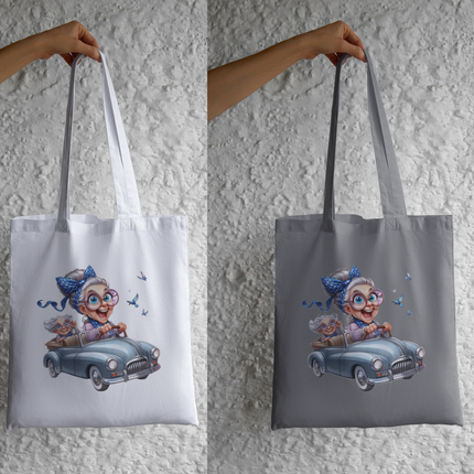 Funny Grandma Driving Car Cartoon Eco Solvent Heat Transfer by Style Junction Custom Digital Designs, exclusive vibrant printable artwork.