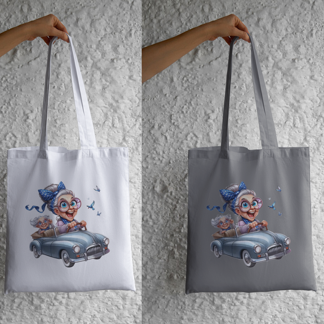 Funny Grandma Driving Car Cartoon Eco Solvent Heat Transfer by Style Junction Custom Digital Designs, exclusive vibrant printable artwork.