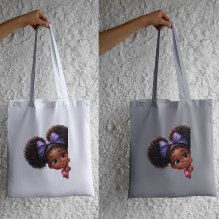 Peekaboo Girls #16 Heat Transfers by Style Junction Custom Digital Designs feature a charming girl with textured curls and a bow.