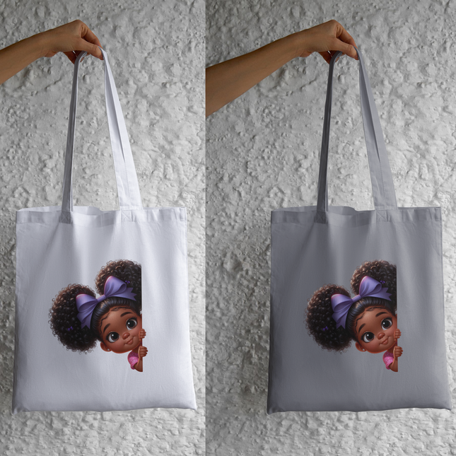 Peekaboo Girls #16 Heat Transfers by Style Junction Custom Digital Designs feature a charming girl with textured curls and a bow.