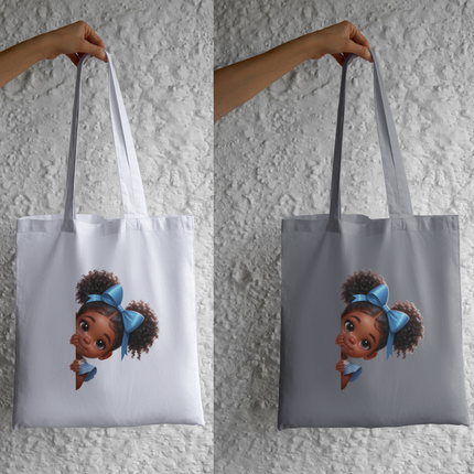 Peekaboo Girls #11 Heat Transfers by Style Junction Custom Digital Designs, playful girl with blue bow ready to press on tote bags.