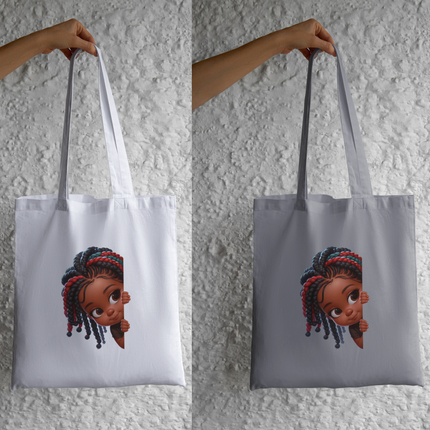 Peekaboo Girls #8 Heat Transfers by Style Junction Custom Digital Designs, playful girl peeking with detailed curls and bows.