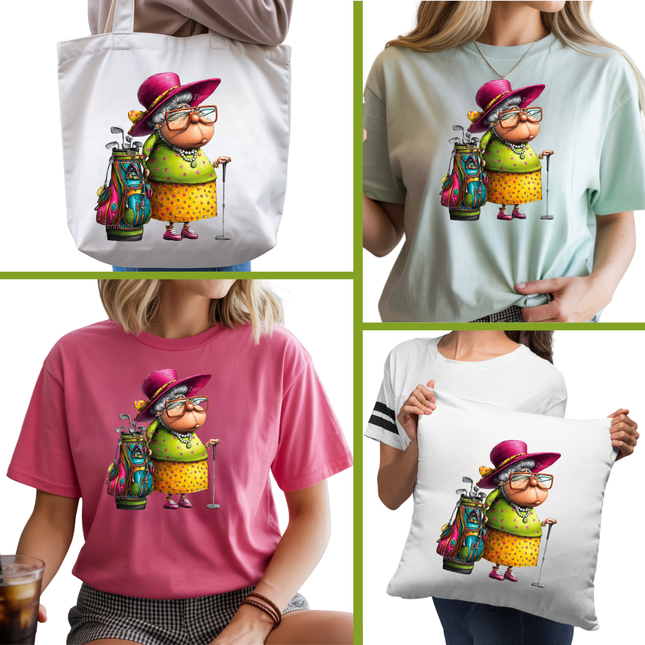 Grandma Fairway Flo 6-Pack DIY Bundle – 3 Eco-Solvent Iron-On Heat Transfers + 3 Sublimation Iron-On Heat Transfers, Ready to Press. Bonus: 4 Matching 2-Inch Stickers