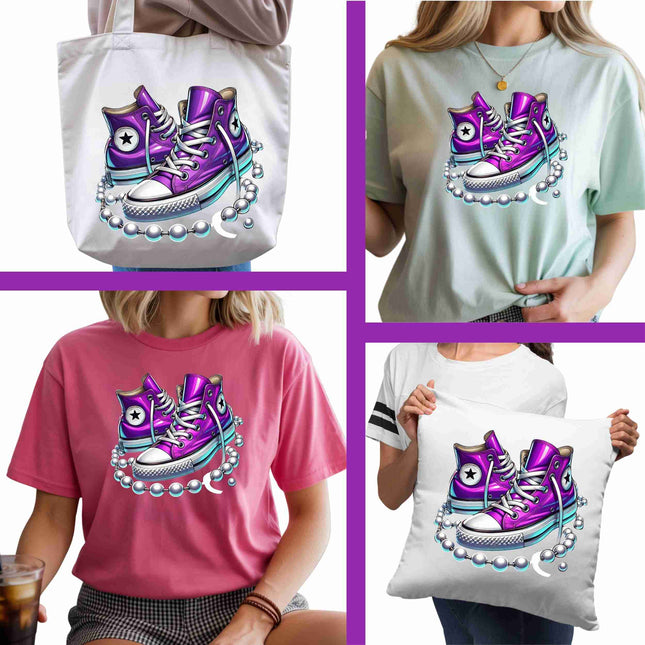 Orchid High-Tops 6-Pack DIY Bundle – 3 Eco-Solvent Iron-On Heat Transfers + 3 Sublimation Iron-On Heat Transfers, Ready to Press. Bonus: 4 Matching 2-Inch Stickers