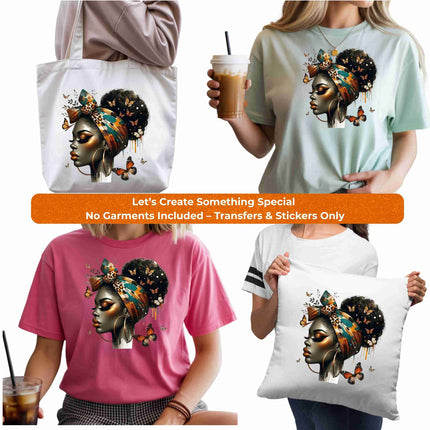 Metamorphosis Queen 6-Pack Crafter’s & DIY Bundle – 3 Eco-Solvent + 3 Sublimation Iron-On Heat Transfers, Ready to Press, for T-Shirts & More. Bonus: Matching 2” inch Stickers.