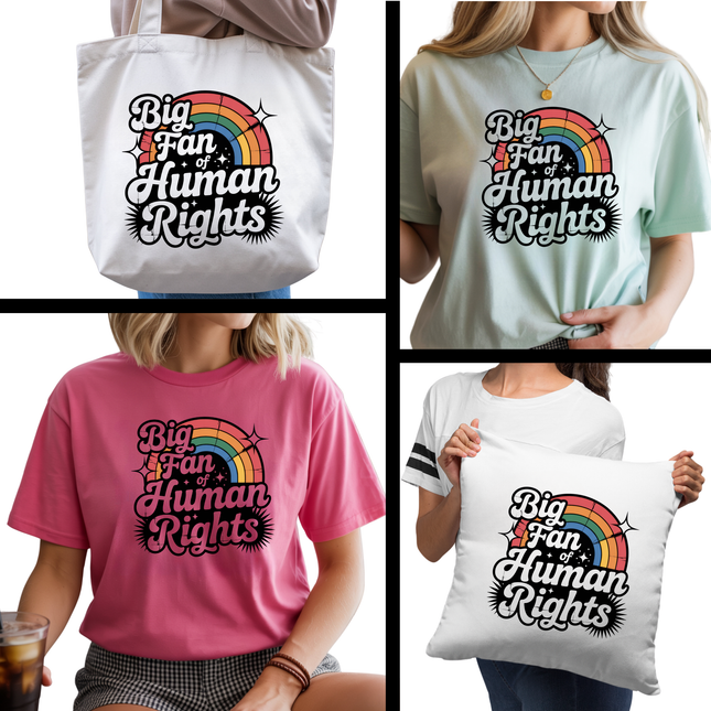 Big Fan of Human Rights 6-Pack Ready-to-Press DIY Bundle – 3 Eco-Solvent + 3 Sublimation Iron-on Heat Transfers with 4 Bonus 2-Inch Stickers