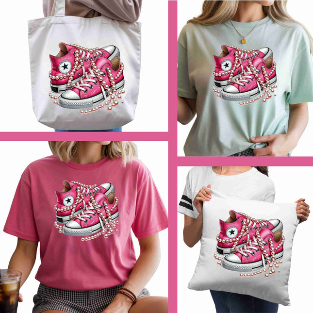 Blush Pearl High-Tops 6-Pack DIY Bundle – 3 Eco-Solvent Iron-On Heat Transfers + 3 Sublimation Iron-On Heat Transfers, Ready to Press. Bonus: 4 Matching 2-Inch Stickers