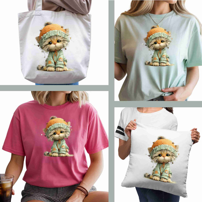 Whimsical Spring cat #11 6-Pack DIY Bundle – 3 Eco-Solvent Iron-On Heat Transfers + 3 Sublimation Iron-On Heat Transfers, Ready to Press. Bonus: 4 Matching 2-Inch Stickers