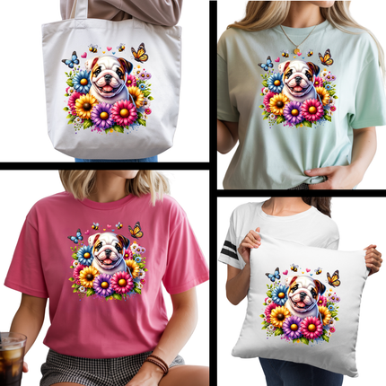 Blossom Buddy Bulldog 6-Pack Ready-to-Press DIY Bundle – 3 Eco-Solvent + 3 Sublimation Iron-on Heat Transfers with 4 Bonus 2-Inch Stickers
