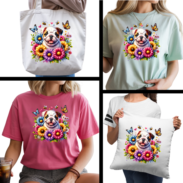 Blossom Buddy Bulldog 6-Pack Ready-to-Press DIY Bundle – 3 Eco-Solvent + 3 Sublimation Iron-on Heat Transfers with 4 Bonus 2-Inch Stickers