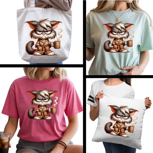 Grumpy Brew Feline 6-Pack Ready-to-Press DIY Bundle – 3 Eco-Solvent + 3 Sublimation Iron-on Heat Transfers with 4 Bonus 2-Inch Stickers