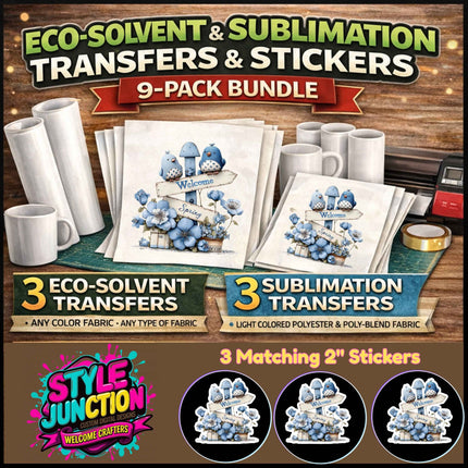 Welcome Spring 9-Piece Bundle for Crafters & DIY – 3 Eco-Solvent + 3 Sublimation Transfers (Ready to Press) + 3 Matching 2” Stickers