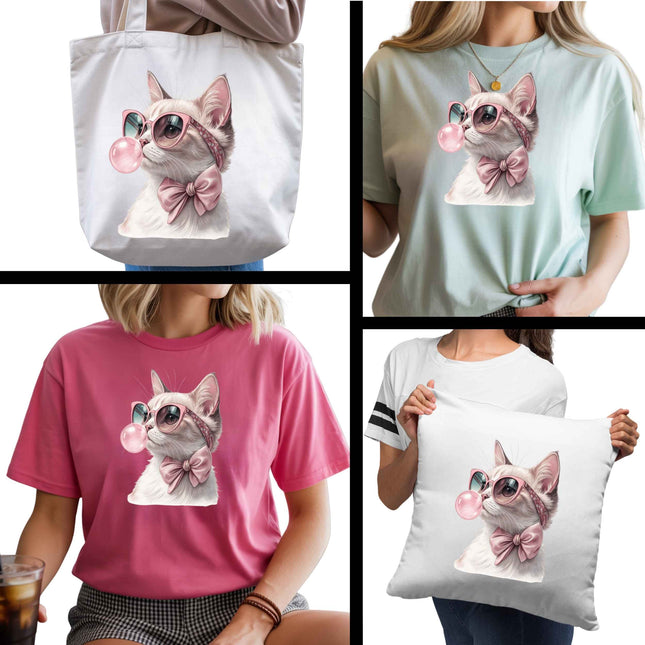 Bubblegum Glam Kitty 6-Pack Crafter’s & DIY Bundle – 3 Eco-Solvent + 3 Sublimation Ready-to-Press Iron-On Heat Transfers for T-Shirts, Tote Bags & More, + Bonus 4 Matching 2-Inch Stickers