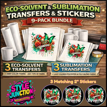 Perfectly Imperfect 9-Piece Bundle for Crafters & DIY – 3 Eco-Solvent + 3 Sublimation Transfers (Ready to Press) + 3 Matching 2” Stickers