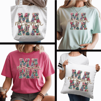 Floral Mama Tan Monogram 6-Pack Ready-to-Press DIY Bundle – 3 Eco-Solvent + 3 Sublimation Iron-on Heat Transfers with 4 Bonus 2-Inch Stickers