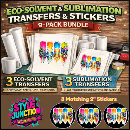 Color Drip Paradise 9-Piece Bundle for Crafters & DIY – 3 Eco-Solvent + 3 Sublimation Transfers (Ready to Press) + 3 Matching 2” Stickers