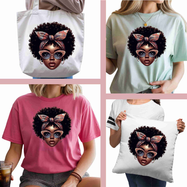 Retro Bow Afro Beauty 6-Pack DIY Bundle – 3 Eco-Solvent Iron-On Heat Transfers + 3 Sublimation Iron-On Heat Transfers, Ready to Press. Bonus: 4 Matching 2-Inch Stickers