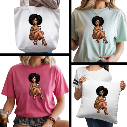 Mocha Chic Maven 3 Eco-Solvent Iron-On Heat Transfers + 3 Sublimation Iron-On Heat Transfers, Ready to Press. Bonus: 4 Matching 2-Inch Stickers