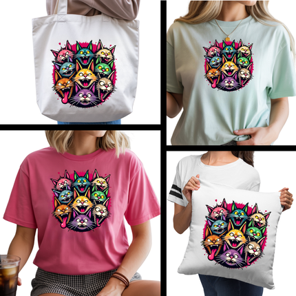 Feral Feline Frenzy 6-Pack Crafter’s & DIY Bundle – 3 Eco-Solvent + 3 Sublimation Ready-to-Press Iron-On Heat Transfers for T-Shirts, Tote Bags & More, + Bonus 4 Matching 2-Inch Stickers