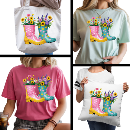 Bloom Boots 3 Eco-Solvent Iron-On Heat Transfers + 3 Sublimation Iron-On Heat Transfers, Ready to Press. Bonus: 4 Matching 2-Inch Stickers