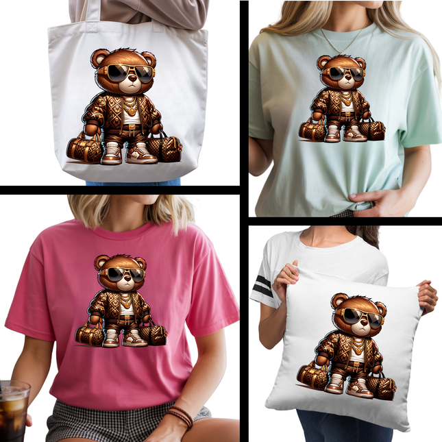 Luxury Hustle Bear 6-Pack Crafter’s & DIY Bundle – 3 Eco-Solvent + 3 Sublimation Ready-to-Press Iron-On Heat Transfers for T-Shirts, Tote Bags & More, + Bonus 4 Matching 2-Inch Stickers