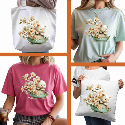 Whimsical Spring cat #1 6-Pack DIY Bundle – 3 Eco-Solvent Iron-On Heat Transfers + 3 Sublimation Iron-On Heat Transfers, Ready to Press. Bonus: 4 Matching 2-Inch Stickers